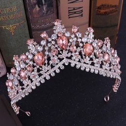 KMVEXO Baroque Rose Gold Pink Crystal Bridal Tiaras Crowns Rhinestone Diadem for Royal Bride Headbands Wedding Hair Accessories Y2241e