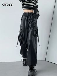 Men's Pants Leather Cargo Pant 2023 Autumn High Waisted Drawstring Pockets Wide Leg Fashion Streetwear Loose Solid Trousers 231216