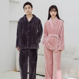 Women's Sleepwear Couple 2 Pieces Flannel Pajamas Sets Winter Warm Thick Long Sleeves And Pants Casual Nightgown For Men Women