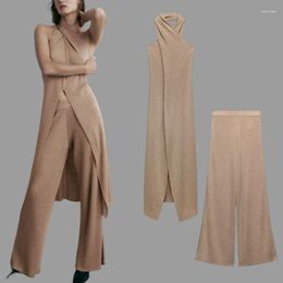 Women's Two Piece Pants Autumn Metal Thread Knitting Suit Women's Suspender Open Back Slit Long Top And Wide Leg Two-piece Womens