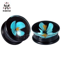 Kubooz Blue Flower Glass Single Flared Ear Plugs And Tunnels Piercing Earring Gauges Expanders Body Jewellery Whole 8mm to 16mm 275n