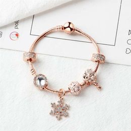 New Rose gold loose beads snowflake pendant bangle charm bead bracelet for girl DIY Jewellery as Christmas gift2612