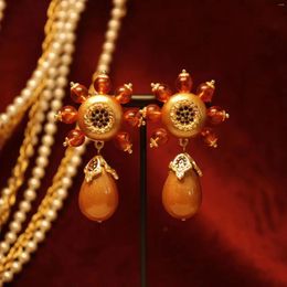 Dangle Earrings Fashion Jewellery Retro Light Luxury Delicate Glass Sunflower Orange Sand Stone