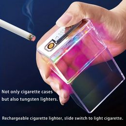 1pc, 2 In 1 Cigarette Case & Lighter, USB Rechargeable Transparent Cigarette Case With Ambient Light And Ignition Device, Anti-pressure And Moisture-proof Cigarette Case