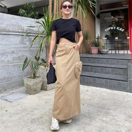 Skirts 2023 Autumn Solid Cargo Long Women Button High Waist Zipper 3D Pockets Slim Casual Streetwear Bottoms Maxi Skirt