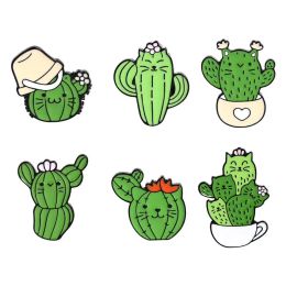 Cute Green Cat Cactus Enamel Brooches Pin for Women Girl Fashion Jewelry Accessories Metal Vintage Brooches Pins Badge Gift BJ