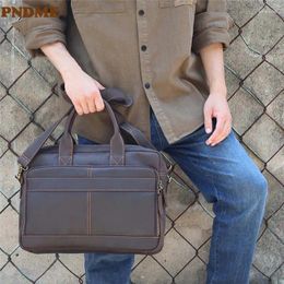 Briefcases PNDME Vintage Men's Briefcase Business Travel Genuine Leather Work Handbag 14 Inch Laptop Messenger Bag