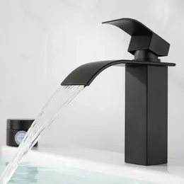 Bathroom Sink Faucets Square Brushed Stainless Steel Faucet Deck Mount Waterfall Basin Vanity Vessel Mixer Tap Cold Water