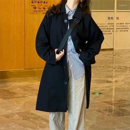Women's Trench Coats Japanese Style Fashion Mid Length Windbreaker Coat BF Retro Loose Turn-down Collar Casual Long Cargo Jacket