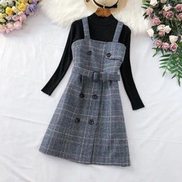 Work Dresses Autumn Winter Plaid Woolen Two Piece Dress Set Women Stylish Sweater Double Breasted Spaghetti Strap Midi Outfits