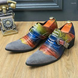 Dress Shoes Fashion Colorful Printed Man Leather High Heel Men's Wedding Pointed Buckle Strap Design Men Party