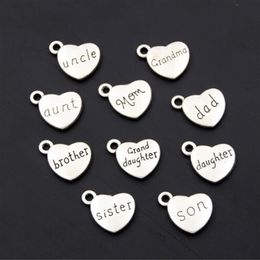 100pcs Antique Silver Mom Dad Son Heart Charms Family Member Pendants Bracelet Necklace Festival Jewelry Making Accessories DIY 17235w