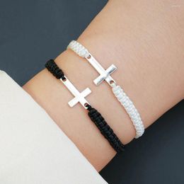 Charm Bracelets Vintage Black White Cord Braided Bracelet For Women Men Handmade Cross Bangles Adjustable Jewelry Couple Gift