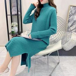 Casual Dresses Vintage Knitted Sweater Long Sleeve Women Slim Bodycon Korean Elegant Fall Winter Turtleneck Woman Dress Q516