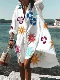 Women's Swimwear Bohemian Print Floral Short Beach Dress Oversize Women Clothes Button Up Shirt Robe Holiday Fashion Vestidos Femme