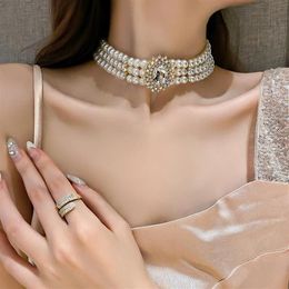 Pendant Necklaces Crystal Rhinestone Multi-row Pearl Necklace Exaggerated Atmosphere Short Choker Retro For Female297w