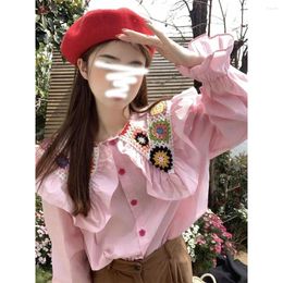 Women's Blouses Gagarich Sweet Korean 2024 Doll Collar Heavy Duty Woven Flower Shirt Spring Autumn Girl Design Loose Versatile Blouse Top