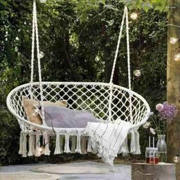 Camp Furniture Double Hammock Chair Macrame Hanging Swing With Cushion Cotton Ropes Metal Frame 450 Lbs Capacity Indoor Outdoor