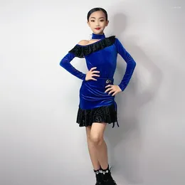 Stage Wear Winter Long Sleeved Latin Dance Dress Girls Blue Velvet Dresses Ballroom Competition Clothes SL9485