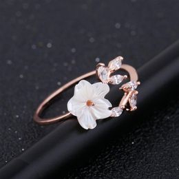 Delicate Zircon Crystal Leaf Shell Flower stones Ring for Women Ladies Girls Rose Gold Color Finger Bague2707