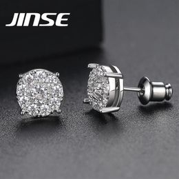 JINSE 10MM Round Black White Zirconia Stud Earrings For Men Gold Color Micro Inlay Crystal Iced Earring Fashion Hip Hop Jewelry227S