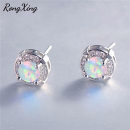 RongXing Simple Fashion Round Blue White Fire Opal Stud Earrings For Women White Gold Filled Wedding Earrings Ear07871233B