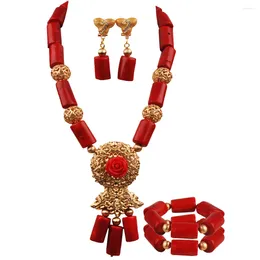 Necklace Earrings Set Red Coral Jewelry For Women Africcan Wedding Bridal 23-530BE