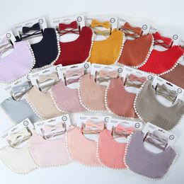 3Pcs/Set Solid Muslin Cotton Baby Snap Bibs Newborn Boys Girls Faux Suede Mini Bow Tie Headband Kids Feeding Burp Cloths Scarf