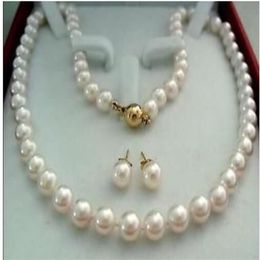 14K Gold Clasp 8-9MM White Akoya Cultured Pearl Necklace Earring2639