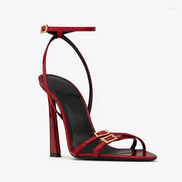 Sandals 2023Euro Fashion Women Red Patent Leather 9.5cm High Heels Prom Summer Shoes Chic Ankle Strap Black Sandalias Femmes