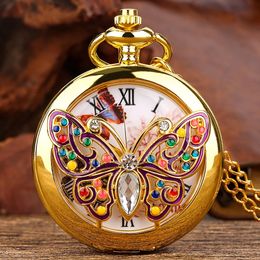 Pocket Watches Top Luxury Gold Butterfly Crystal Diamondencrusted Quartz Watch Elegant Women Retro Fob Chain Clock Charm Pendant 231216