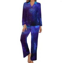 Women's Sleepwear Blue Galaxy Pajamas Female Colorful Print Soft Autumn Long Sleeves Two Piece Casual V Neck Custom Set