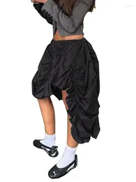 Skirts Black Gothic Y2K Ruched Womens 2024 Fashion Jupe Summer Harajuku Asymmetrical High Waisted Strechy Midi Skirt Female