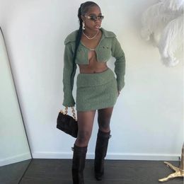 Two Piece Dress Solid Coloured Woollen Thickened Lace Up Cardigan With A LapeL Collar Long Sleeved Short Top And HigH Waisted Buttocks Wrapped