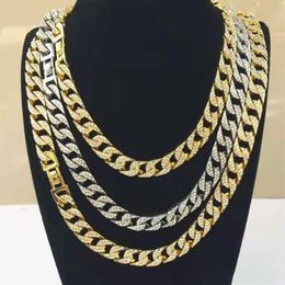 Chains Rapper Hip Hop Iced Out Paved Rhinestone 15MM Miami Curb Cuban Link Chain Gold Sliver Necklaces For Men Women Jewellery Set C277B