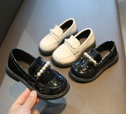 Girls Leather Shoes for School Party Wedding Kids Black Loafers Slip-on Children Flats Fashion British Style Pearls Beading New