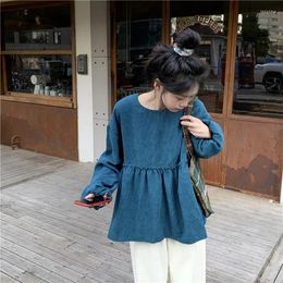 Women's Blouses Gagarich Corduroy Shirt Women Autumn Winter 2023 French Retro Bubble Sleeve Design Feel Loose Long Sleeved Doll Pullover