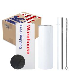New 2 Days Delivery 20OZ Stainless Steel Tumblers Thermal Insulated 20 Oz Sublimation Blanks White Car Mugs with Plastic Lid and Straw Straight 20oz CA US Stocked 1217
