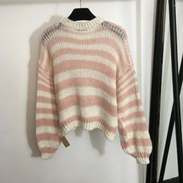 Women's Sweaters 2023 Fall Women Loose Mohair Hollowed-Out Sweater With Sweet Contrast Striped Knitwear Dopamine Fashion