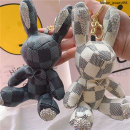 Animal rabbit chain keyrings pu leather luxury rhinestone key chains rings Jewellery fashion black brown flower plaid design pendant Bag C230H