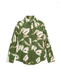 Women's Blouses ZADATA Fashionable Casual Retro Printed Loose Long-sleeved Versatile Buttoned Green Shirt For Commuting