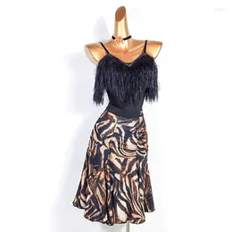 Stage Wear Latin Dance Costume Feather Bodysuit Leopard Skirt Tango Performance Clothing Adult Women ChaCha Outfit VDB7838