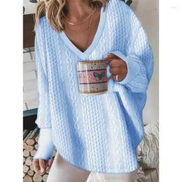 Women's Hoodies Knitted Loose Sweatshirts Solid Color Y2K Autumn Women Long Sleeve V-neck Causal Pullovers Tops