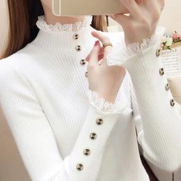 Women's Sweaters Stylish Half High Collar Knitted Button Spliced Loose Lace Sweater Clothing 2023 Autumn Casual Pullovers Warm Tops