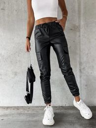 Men's Pant's Pants Faux Leater High Waist Casual Ankle Length Black Female Lace Up Pencil PU Leather Trousers for Women with Pockets 231216