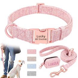 Dog Collars Leashes Personalized Dog Collar With Leash Custom Dog Waste Bag Dispenser Engraved Pet Collar Walk Lead Outdoor Pet Poop Bag Portable 231216