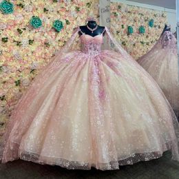Sparkly Pink Champagne Princess Ball Gown Quinceanera Dresses 2024 Appliques Lace Beads Sweetheart Sequined Vestidos De 15 Anos