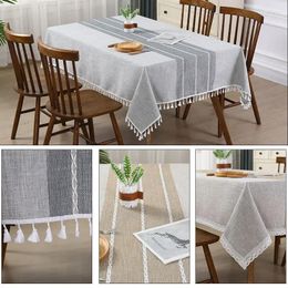 Table Cloth Simple Tablecloth Striped Stitching Tassel Cotton Linen Coffee Cover Towel