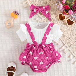 Clothing Sets Valentine's Day Infant Baby Girls Romper Heart Print Suspenders Shorts Short Sleeve Ruffles Jumpsuits With Bow Headband