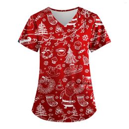 Women's T Shirts Fashion Scrub Working Uniform Tops For V-Neck Christmas Print Short Sleeve Fun T-Shirts Workwear Tee With Pockets